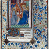 Opening of text.  Miniature of Annunciation, initials, full border design