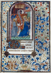 Opening of text.  Miniature of Annunciation, initials, full border design