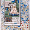 King David in penance, his crown and lyre on the floor; beside him is an elaborate turning book stand