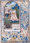 King David in penance, his crown and lyre on the floor; beside him is an elaborate turning book stand