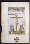 Text with initials and placemarkers.  Color drawing of Crucifixion, possibly 16th century