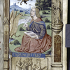 John the Evangelist on Patmos, with a vision of the 7-headed beast in the air above him; in the border, as if statues, John the Evangelist holding the poisoned chalice, and John raising Drusilla from the dead