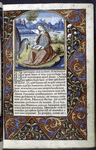 Miniature of John the Evangelist on Patmos, with the eagle holding the saint's pen case; line fillers on last two text lines to justify the right margin of text