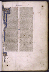 Opening of text with large painted initial including stylized animal figures.  Blue initial with red penwork.  Rubric; book name and chapter number in red and blue