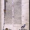 Historiated initial of Jerome as scribe handing a scroll to another man. A grotesque, a rooster and a fox on the extensions of the border foliage