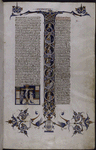 Miniature of the Crucifixion with Mary and John. Genesis initial with the days of creation, Christ and the symbols of the four evangelists, the whole supported by a caryatid with a grotesque on either side
