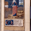 Opening of text with large initial on painted field.  Miniature of embodiment of Justice
