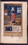 Opening of text with large initial on painted field.  Miniature of embodiment of Justice