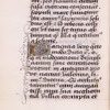 Page of text with gold initial and penwork, catchword