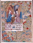 Annunciation; in the border a monkey standing on his hands and a cat playing a musical instrument