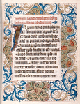 Opening of main text, large initial, full border decoration, rubric, linefiller