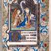 Miniature of Annunciation, border design with merman playing horn, initials, linefiller.