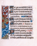Page of text with border design, initials, linefillers and rubrics