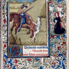 St. Martin dividing his cloak; rubrics in blue ink; in the border design, a woman praying