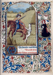 St. Martin dividing his cloak; rubrics in blue ink; in the border design, a woman praying