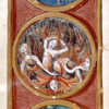 Round miniatures of souls in torment, skull, and sun