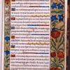 Opening page with border decoration, initials, linefillers and blue lettering