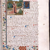 Opening of first book, miniature with large blue initial, border design, arms of first owner