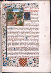 Opening of first book, miniature with large blue initial, border design, arms of first owner