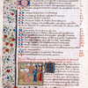 Opening of book two, miniature, initial with penwork and blue initial on gold, border design