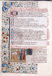 Opening of book two, miniature, initial with penwork and blue initial on gold, border design