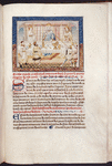 Caesar Augustus, his wife and son at table, receiving homage and gifts from another king, Cosserosach, and his attendant