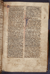 Opening of text, blue initials with red penwork, verse numbers, marginal notes