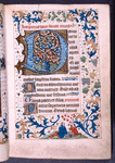 Large initial, hand 2, border design, opening of main text, initials, rubrics and linefillers, placemarkers