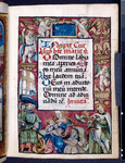 Border includes kneeling Dominican nun, the book's patron, before the Virgin and Child, with Sts.George and John the Evangelist; erased plaque in the upper margin may have held the nun's name