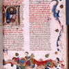 Opening of text, initial with human figure, painting in colors, rubrics, initials, placemarkers