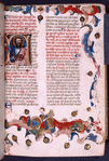 Opening of text, initial with human figure, painting in colors, rubrics, initials, placemarkers