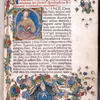 Opening of text one, initial with miniature, border, rubrics