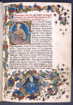 Opening of text one, initial with miniature, border, rubrics