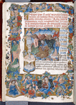 Miniature, elaborate border design, initials, rubrics