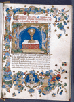 Opening of text, with miniature of consecrated host in a chalice, and with elaborate border design