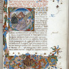 Opening of the text, with historiated initial of holy man kneeling in prayer in a landscape; with rubrics, placemarkers and elaborate border design that includes the XPS monogram