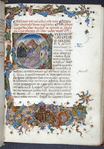 Opening of the text, with historiated initial of holy man kneeling in prayer in a landscape; with rubrics, placemarkers and elaborate border design that includes the XPS monogram