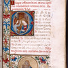 Opening of main text, initial with Annunciation, small initial, rubrics and border design with two roundels containing portrait of Virgin and Child, and "Yhs"