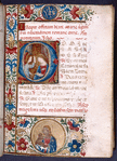 Opening of main text, initial with Annunciation, small initial, rubrics and border design with two roundels containing portrait of Virgin and Child, and "Yhs"