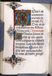 Larger initial, plus 2-line and 1-line initials, border design, rubrics