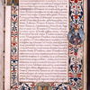Opening of text with large initial, rubric and border, with picture of saint/pope(?) and coat of arms. Hand 1