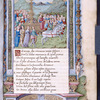 Miniature, border, and opening of Trionfi with a blinded Cupid shooting an arrow from atop the cart drawn by white horses
