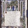 Petrarch at the fountain of Vaucluse, accompanied by two nymphs or muses playing musical instruments