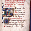 Opening of text.  5-line initial on gold showing Annunciation, with vines extending into border. 2-line initial on gold with many colors.  Rubrics.  1-line initial with penwork