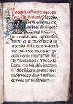 Office of the dead, with historiated initial of a grining skeleton seated on a tomb, with skulls of a pope and an emperor