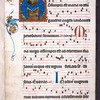 Opening of text.  4-line initial on gold field, in many colors, with decoration extending into border.  2-line red and blue initials.  Rubrics.  Music