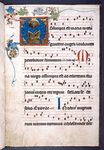 Opening of text.  4-line initial on gold field, in many colors, with decoration extending into border.  2-line red and blue initials.  Rubrics.  Music