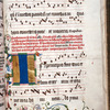 Elaborate initial and border decoration.  Fourth line of text and music are replaced by five lines of smaller text.  This happens occasionally throughout, perhaps to save space