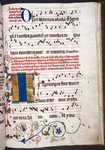 Elaborate initial and border decoration.  Fourth line of text and music are replaced by five lines of smaller text.  This happens occasionally throughout, perhaps to save space