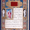 Small miniature of St. Luke.  Very elaborate frame-like border, with statue figures and multi-colored designs.  Opening of text of Luke